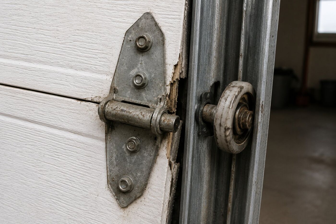 Worn garage door roller and hinge bracket on the vertical track