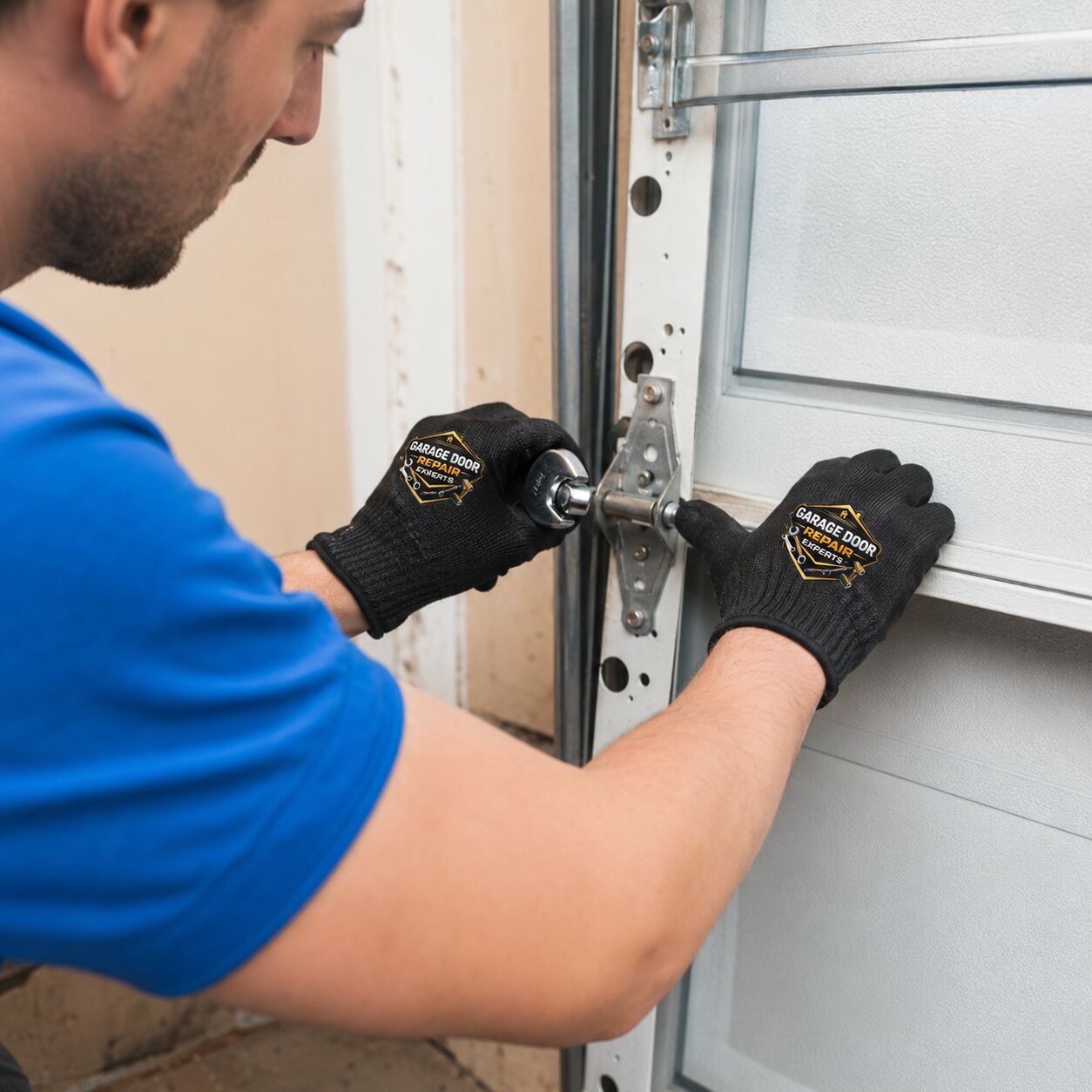Close-up of garage door hinge and hardware being serviced