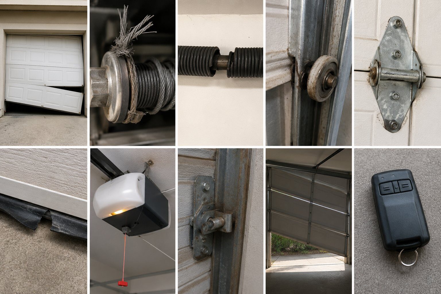 Collage of garage door parts: cable, opener, hinge, roller, remote, and track hardware