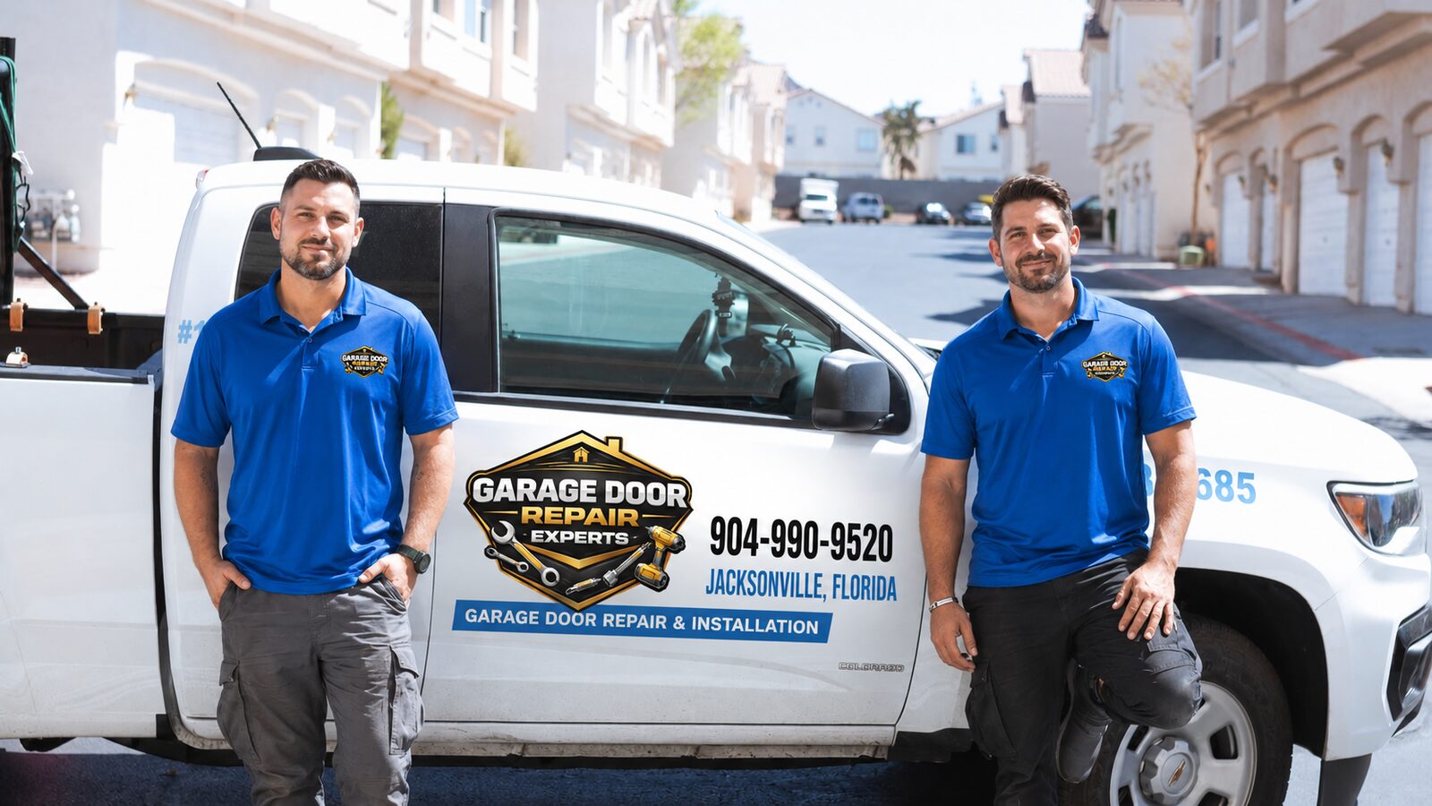 Garage Door Repair Experts technicians and service truck in Jacksonville, Florida