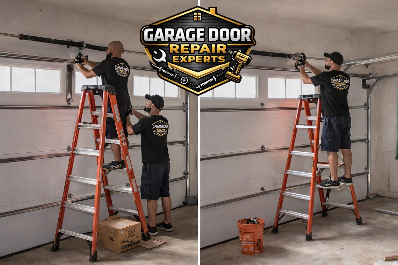 Garage Door Repair Experts technicians servicing a torsion bar on a ladder